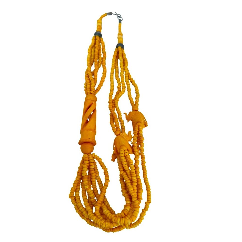 Hand-Carved Vtg. Yellow Beaded Elephant Necklace & Tribal Design Ethnic Boho Y2K